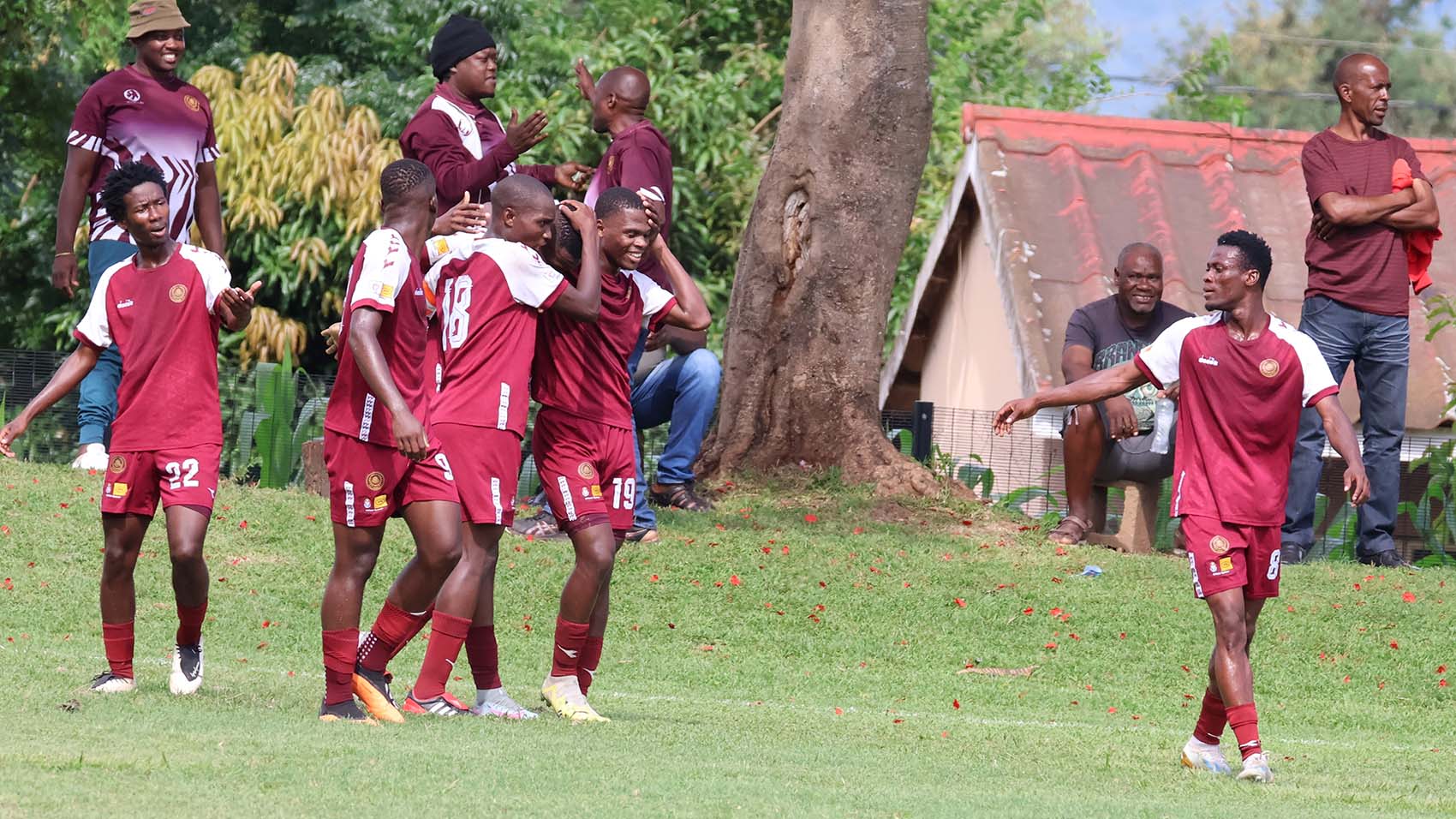 Manzini Wanderers players celebrating a goal in one of their league games. (Pic: Nimrod Hlophe)